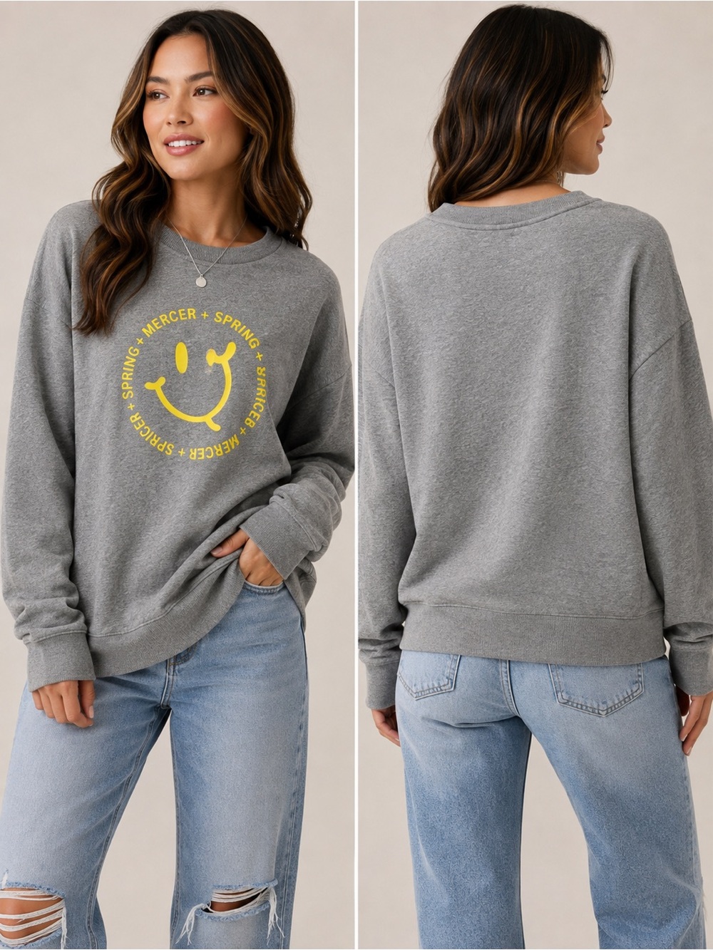 Spring + Mercer Smiley Face Gray Oversized Crewneck Sweatshirt XL NWT